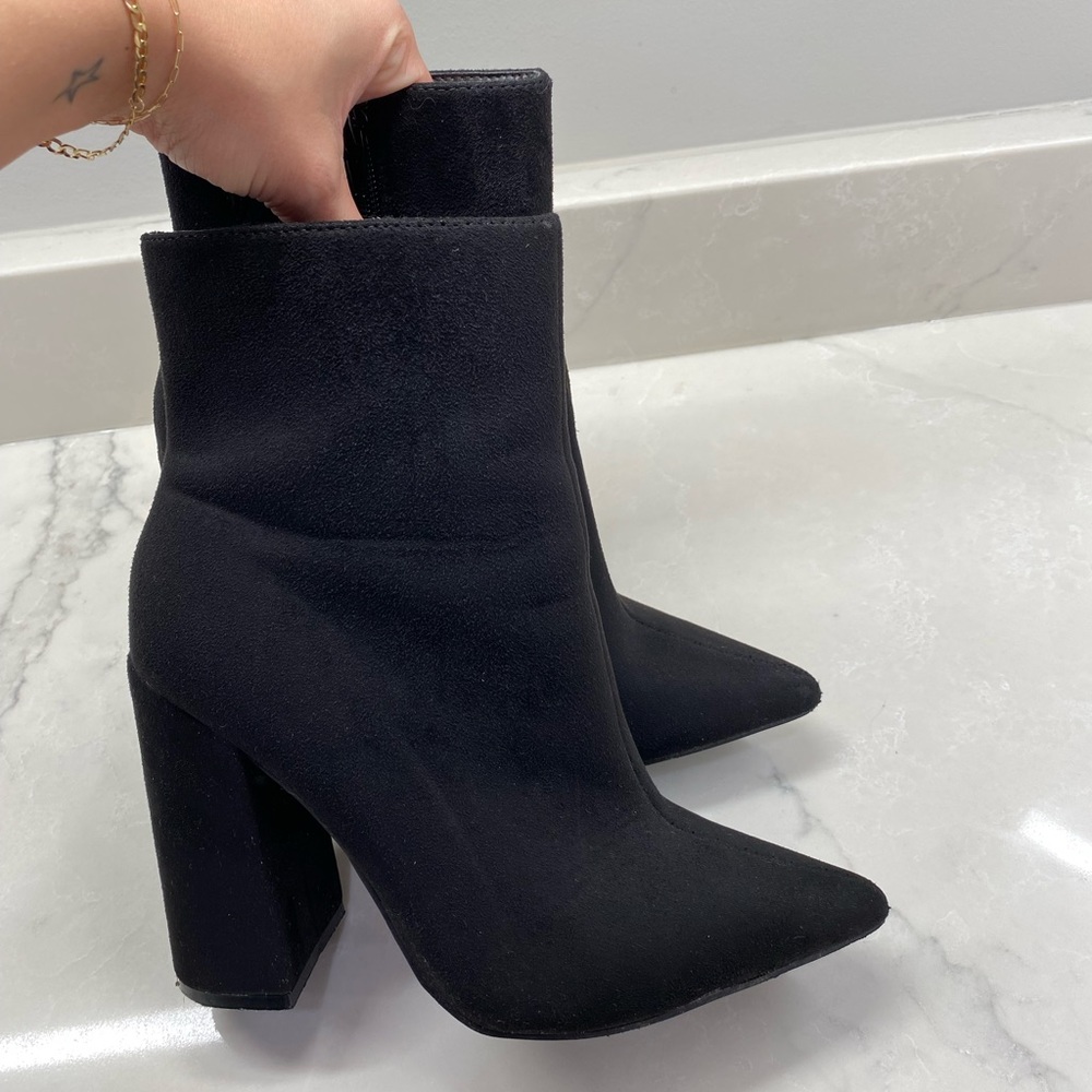 These Three Boutique Black Suede Pointed Toe Booties
